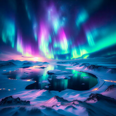 Northern Lights Illuminating Snow-Laden Mountain Landscape