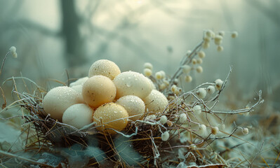 Eggs in the nest in the winter forest