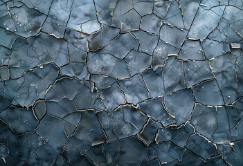 Abstract ice texture, cracked and frozen lake surface, cold winter background. Abstract background of transparent blue or gray ice with cracks and thin lines, dark abstract pattern.
