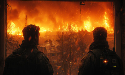 Fototapeta premium Two people look out window at raging fire