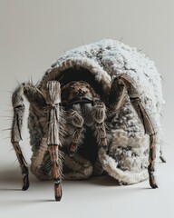 Spider Animal sitting on the floor, wearing a furry suit on white background fashion studio photography