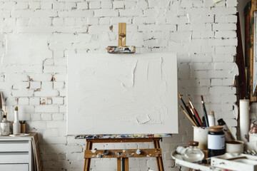 White textured canvas in a painter's studio - obrazy, fototapety, plakaty