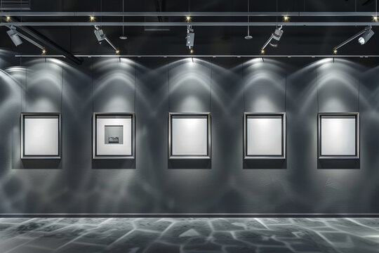 A chic art gallery with charcoal grey walls and a collection of thin, metallic silver frame mockups. Each frame is lit by sharp, direct spotlight lamps from the ceili