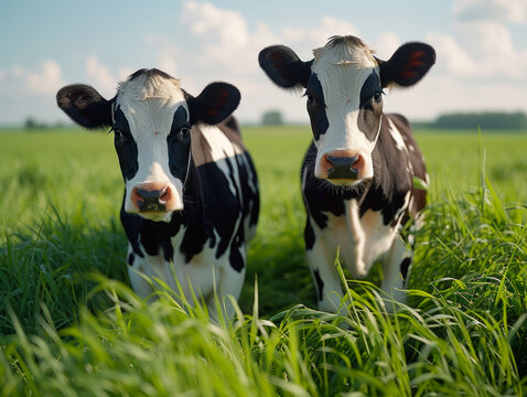 Two young cows are standing in the grass