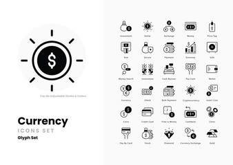 Currency icons set such as, Dollar, Euro, Pound, Yen, Yuan, Rupee, Franc, Peso, Lira, Baht, Rand, Ruble, Won, Shekel, vector stock illustration