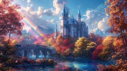 Fairy tale castle with a sweeping rainbow bridge, enchanting scene - obrazy, fototapety, plakaty