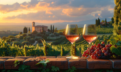 Two glasses of rose wine with grapes on the terrace of vineyard in Italy Chianti region Tuscany sunset - obrazy, fototapety, plakaty