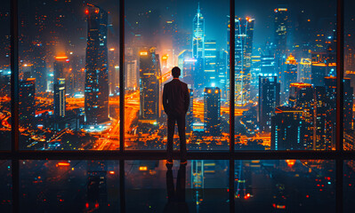 Fototapeta premium Businessman is standing for success on the top of building at night. Business success concept