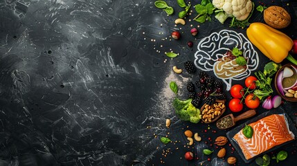 Fresh salmon, veggies, almonds, berries, and other foods that promote brain health and memory are depicted in a hand-drawn brain image in chalk on black background. copy space, top view