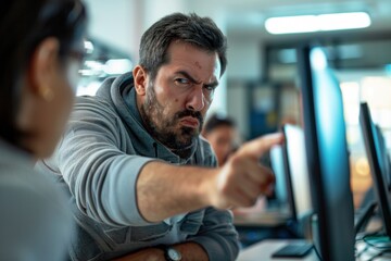 Fototapeta na wymiar A male teacher in a computer lab pointing at a screen.
