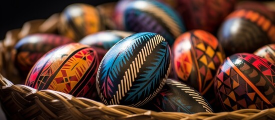 Obraz premium A close-up view of a basket overflowing with vibrant and beautifully painted eggs in assorted colors