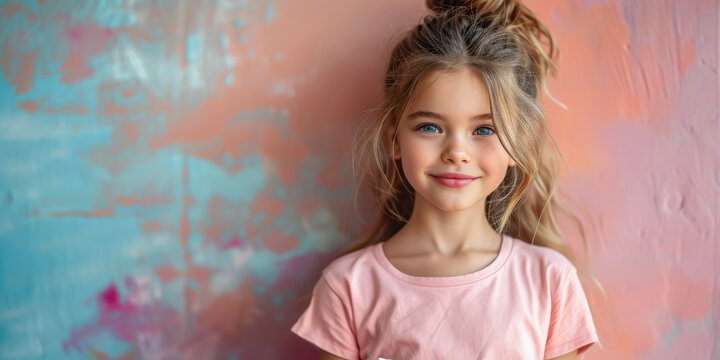 studio photo of a small smiling stylish girl in a fluffy skirt and T-shirt on a color background, child, children, toddler, baby, kid, clothing, emotional face, expression, joy, smile, fun, pink