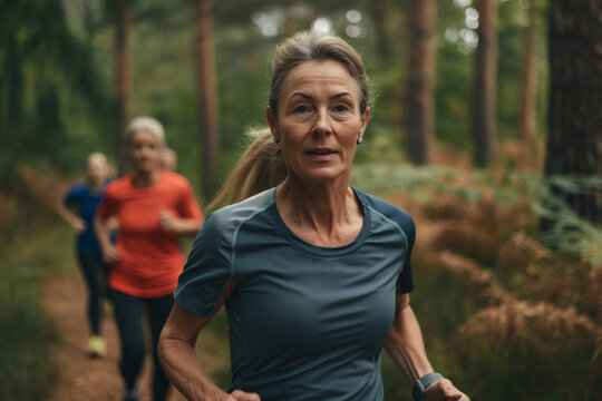 Middle-aged woman in sportswear, short-sleeved shirt, with her friends running trail, in pine forest.