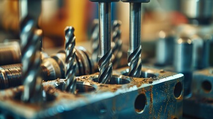 A carpenter selects a drill to drill a wooden block in this close-up of a metal drill bit set in the workshop. - obrazy, fototapety, plakaty