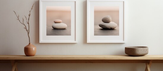 Two framed pictures of rocks displayed on a wooden table next to a decorative vase with flowers