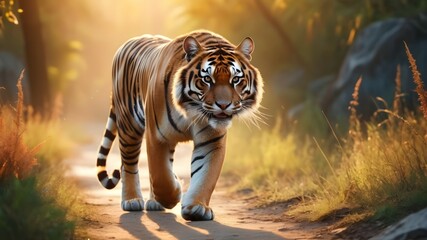 Feline beauty in nature tiger walking alertly.