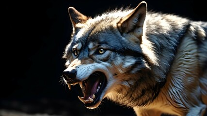 Gray wolf snarls defending territory in darkness.