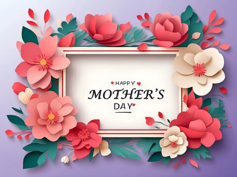 Abstract Festive Background with Flowers and a Rectangular Frame Design. Happy Mother's Day. Women's Day, March 8. Paper-cut floral greeting card. Vector illustration