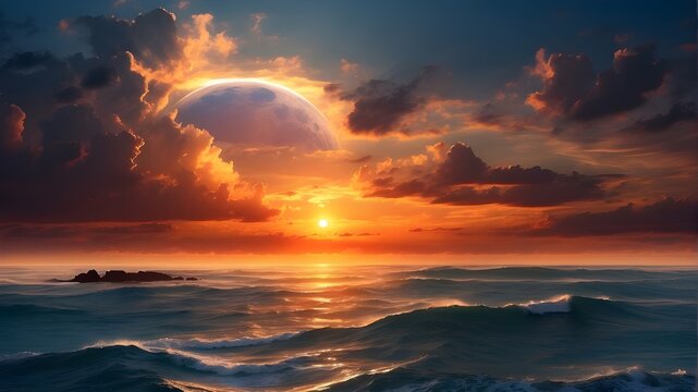 Beautiful sunset over the ocean - A stunning scene with a solar eclipse