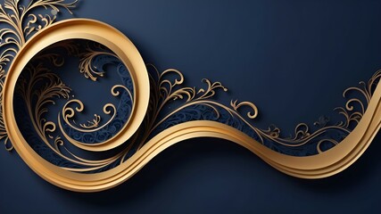 A sleek, dark blue background adorned with intricate golden patterns, resembling a luxurious paper cut design, with mesmerizing 3D wave curves flowing across the frame.