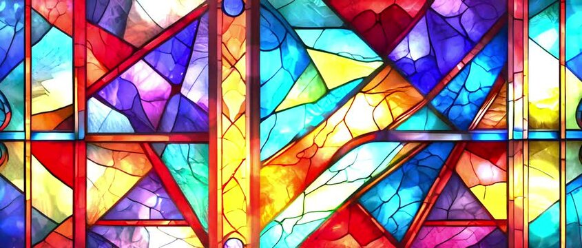 Colorful stained glass with intricate, beautiful patterns and the light twinkles.