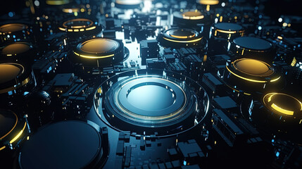 Technology abstract background with hud styled round interface elements in neon tech light.