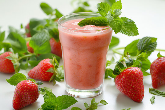 Strawberry smoothie glass, with raw material of Strawberry and mint leaves placed around the glass.