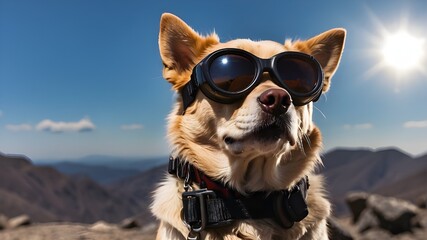 A dog wearing protective goggles seeing a total solar eclipse. The glasses' reflection of the entire solar eclipse - 774277440