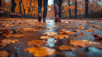 Autumn Stroll Couple Walking on Leaf-Strewn Path  on Rainy Day with Copy Space
