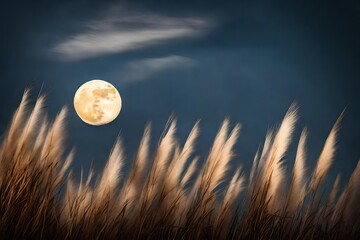 Naklejka premium Full moon and pampas grass With copyspace for text