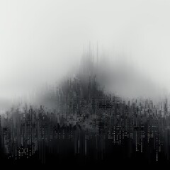 Gray animation of glitched looping binary codes over fog-covered background pattern banner with copy space 