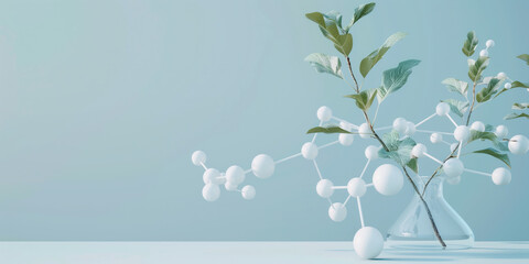 composition with green plant branches and a white molecular model on a pale blue background - obrazy, fototapety, plakaty