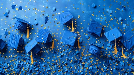Graduate caps and confetti on blue background - blue and gold confetti banner