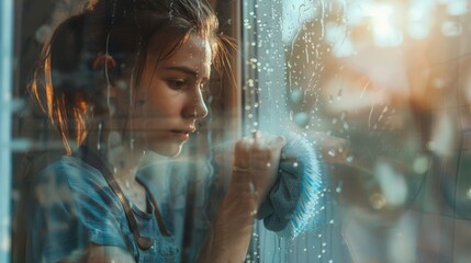  Young Woman Cleaning Window Glass with Determination and Care - obrazy, fototapety, plakaty