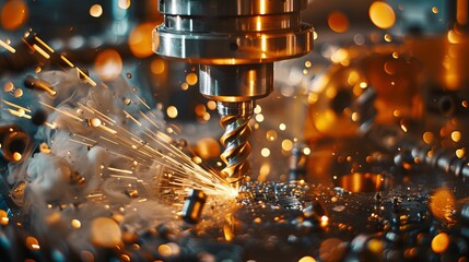 Using an industrial drilling machine, a metal drill bit creates holes in steel billet. Metal work industry. tool with multiple cuts and end mill. - obrazy, fototapety, plakaty
