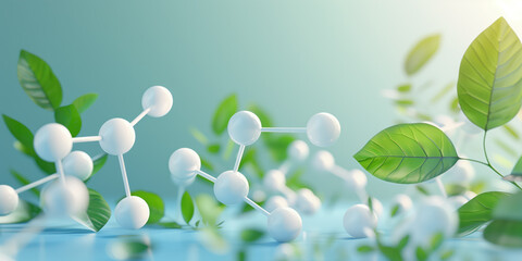 illustration of green leaves on molecular structures background - obrazy, fototapety, plakaty