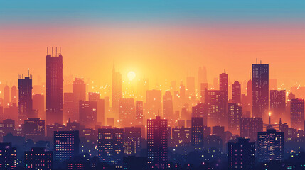 Vector art summer skyline of the capital city at sunset, skyscrapers with glowing windows, glowing air, sunny gradient background