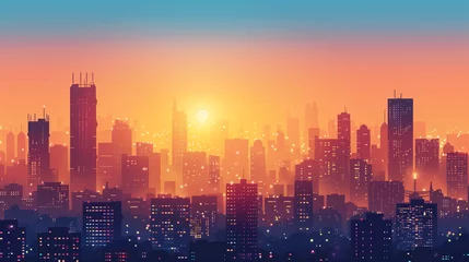 Fotobehang Vector art summer skyline of the capital city at sunset, skyscrapers with glowing windows, glowing air, sunny gradient background © Eugen Snipe