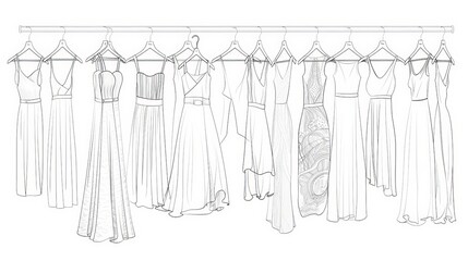 silhouette of a group of dresses for women, separated on a white background and hanging on hangers. clothing store for women. 3D. Vector illustration.