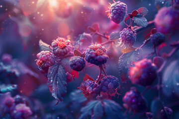 Imagine a fantastical realm where abstract tiny plants thrive, their branches laden with ripe fruits that seem to glow with an otherworldly radiance  - obrazy, fototapety, plakaty