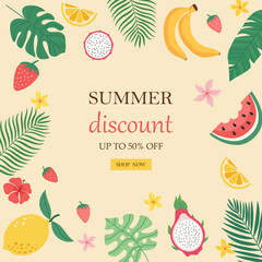 Fototapeta na wymiar Banner of the summer sale. Creative bright, blue, pink background with tropical leaves, fruits and hibiscus flowers. Summer sale, poster template, background banner on the Internet