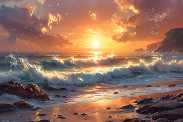 Beautiful sunset on a rocky beach with waves crashing in - obrazy, fototapety, plakaty