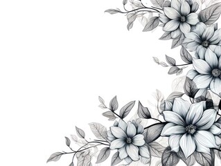 Gray thin barely noticeable flower frame with leaves isolated on white background pattern 