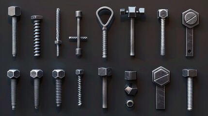 Bolts, nuts, and nails set. A collection of different iron screws. - obrazy, fototapety, plakaty
