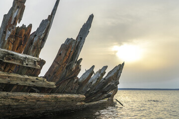 Loksa Estonia - March 31 2024: Shipwreck of the schooner Raketa, built in Rauma, Finland in the...