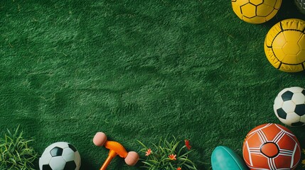 A flat lay of various colorful sports equipment on green grass. Text copy space - obrazy, fototapety, plakaty