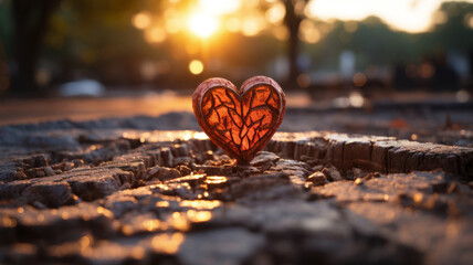 A heart shaped object with intricate patterns lays in the mud at sunset, love concept