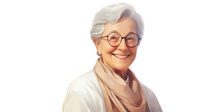 An elegant older woman with glasses and a colorful scarf looking contemplative