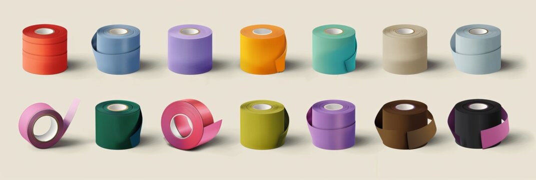Set featuring realistic color mockups of duct tape isolated images Various colored tape rolls in a vector illustration