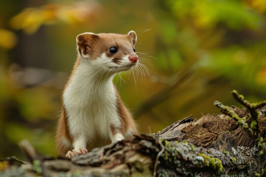 A small brown and white animal with a long tail is standing on a log
